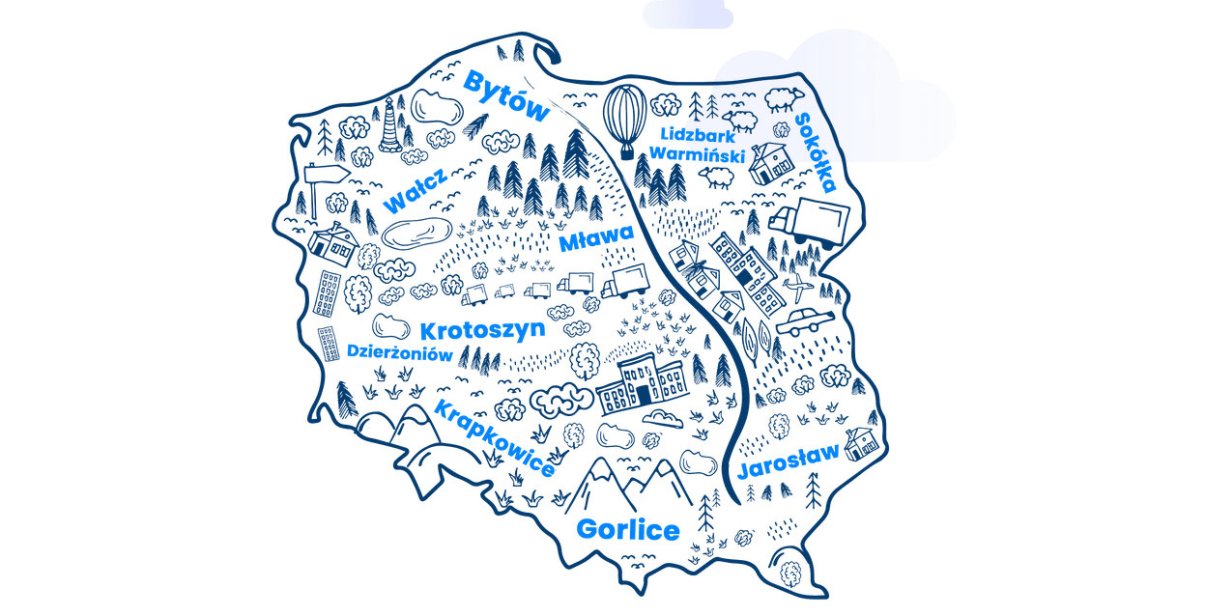 Grafika - mapa Polski z nazwami miast wymienionymi w tekście