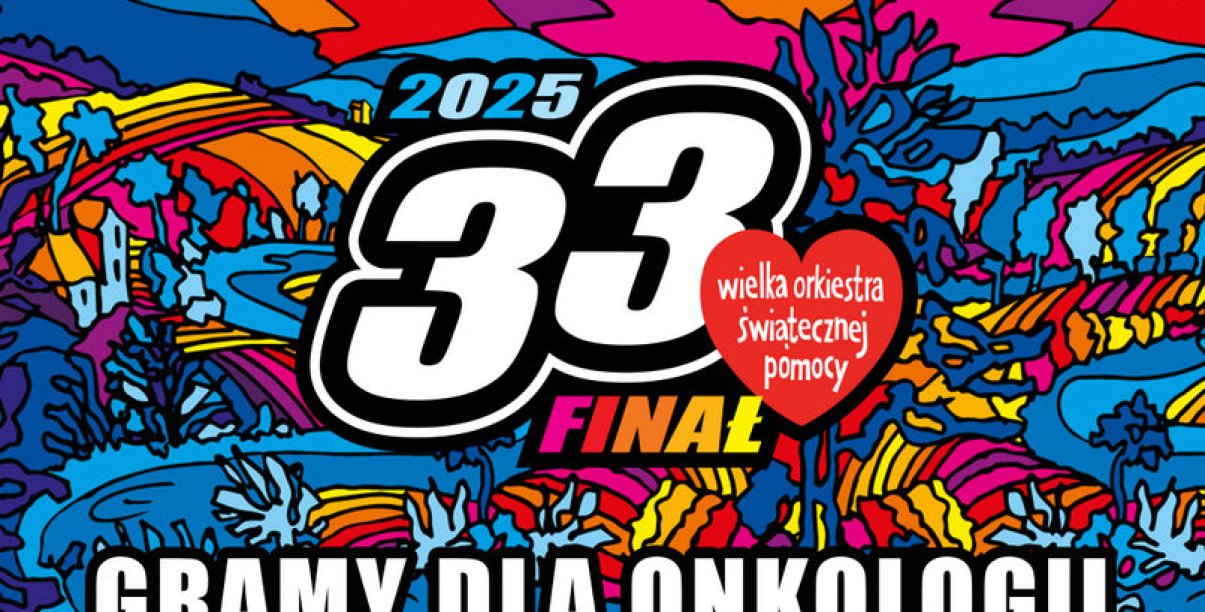 Grafika ozdobna kolorowy plakat z npaisem 33 finał Wielkiej orkiestry Świątecznej Pomocy