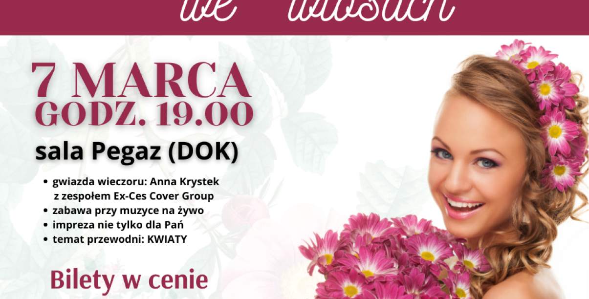 Grafika z napisem Kwiaty we włosach i treścia jak w informacji po prawej stronie młoda kobieta z różowymi kwiatami w dłoni i we włosach