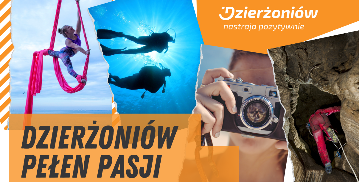 grafika z napisem Dzierżoniów pelen pasji i zdjęcia akrobatki, nurków, fotografa oraz grotołaza