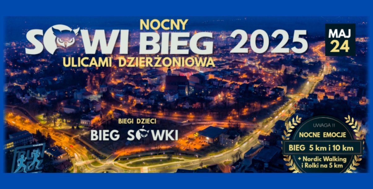 Dzierżoniów nocą z lotu ptaka i napis Sowi Bieg 2025