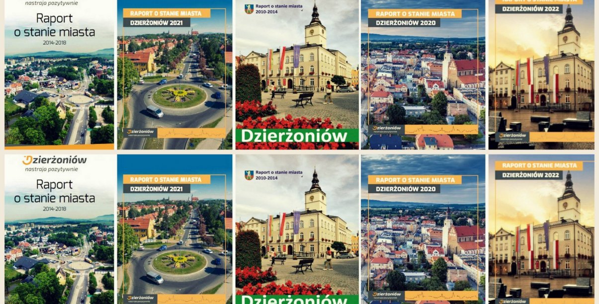 Kolaż okładek raportów o stanie miasta ze zdjęciami Dzierżoniowa