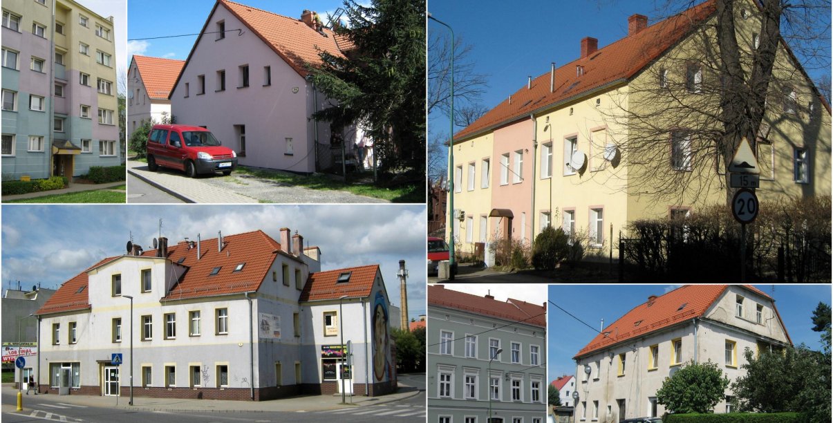 Kolaż pięciu zdjęć budynków wystawionych do sprzedaży