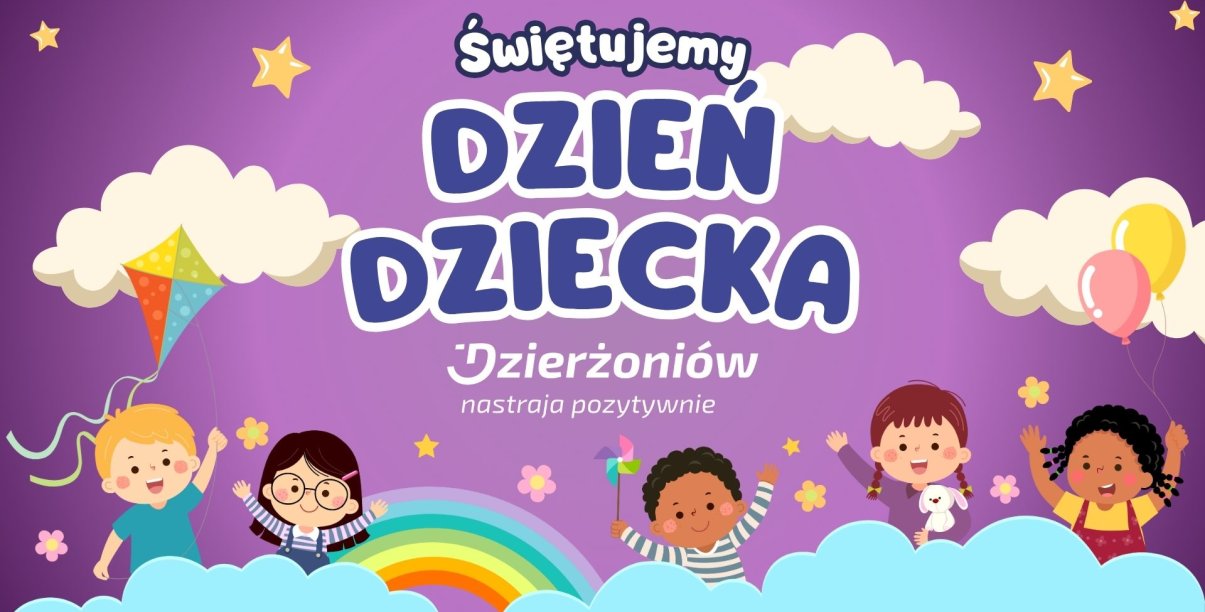 Na fioletowym tle chmurki, kolorowe balony i latwiac oraz uśmiechnięte dzieci. Napis Świętujemy Dzień Dziecka, logo Dzierzoniów nastraja pozytywne