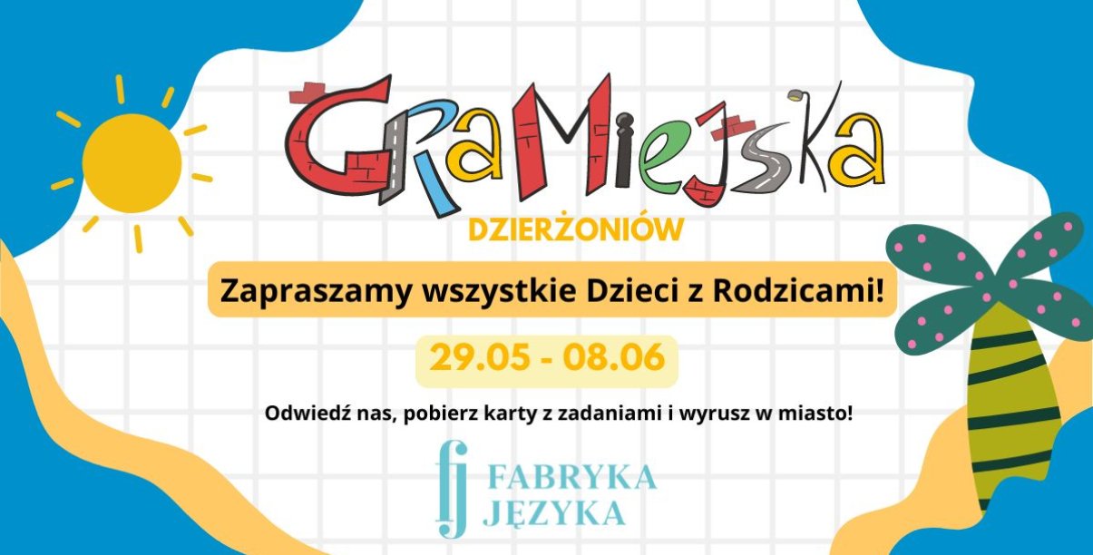 Element ozdobny - kolorowy napis Gra Miejska i informacje podane w tekście
