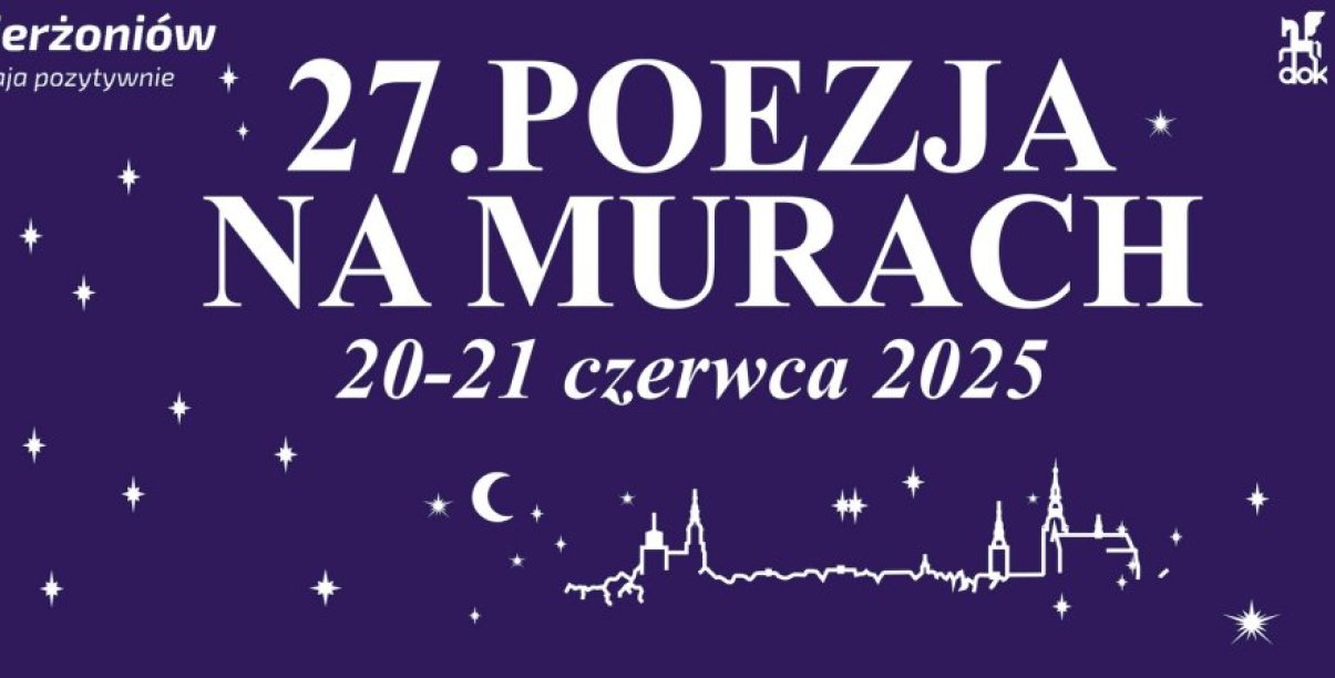 Grafika - grantowe tło, białe gwiazdki i napis Poezja na Murach