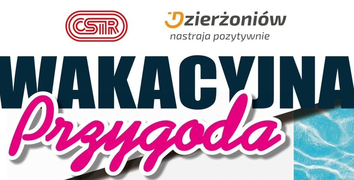Element ozdobny - napis Wakacyjna Przygoda oraz logotyp miassta i ośrodka sportu