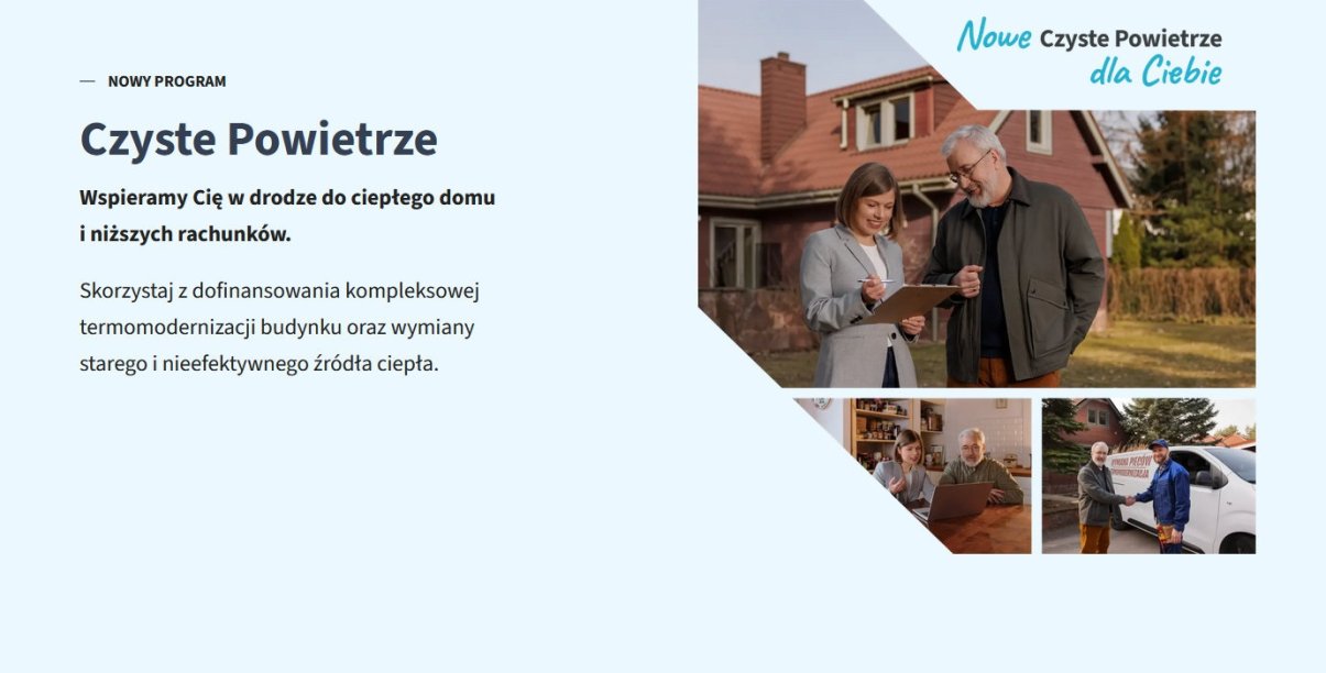 Napis czyste powietrze, obok zdjęcie kobiety z dokumentami w rękach i mężczyzny stojących przed domem