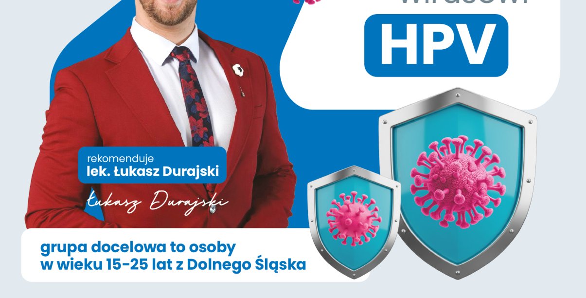 plakat z napisem bezpłatne szczepienia przeciwko wirusowi HPV i wizerunek lekarza