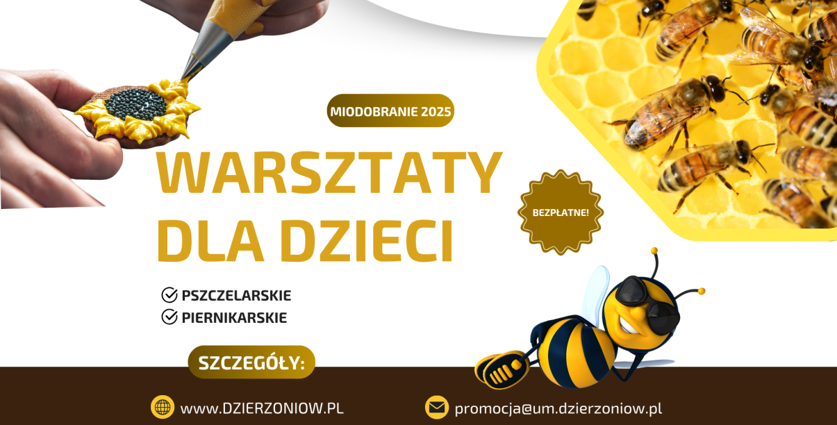 Grafika z pszczołą i miodem oraz piernikiem i napisem warstzty dla dzieci miodobranie 2025