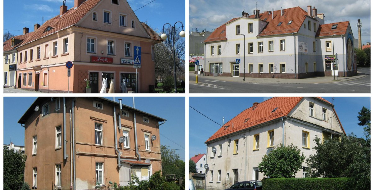 Kolaż czterech zdjęć przedstawiający kamienice