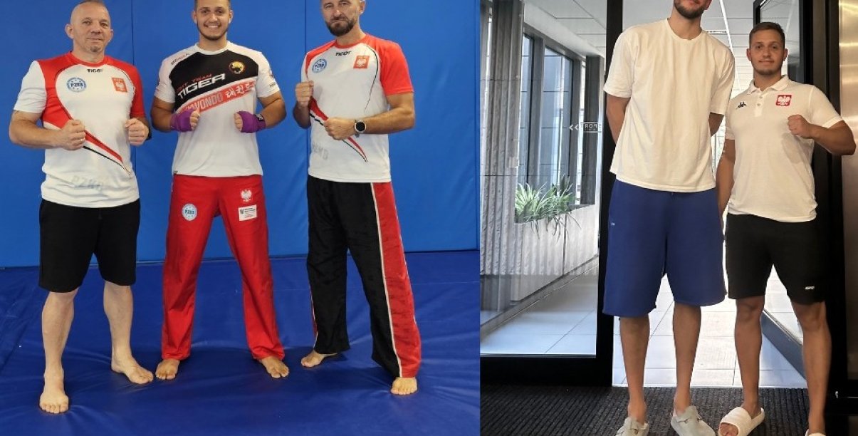 Kolaż dwóch zdjęć Maksa Paleja z trenerami taekwon-do i siatkarzem Bartoszem Kurkiem