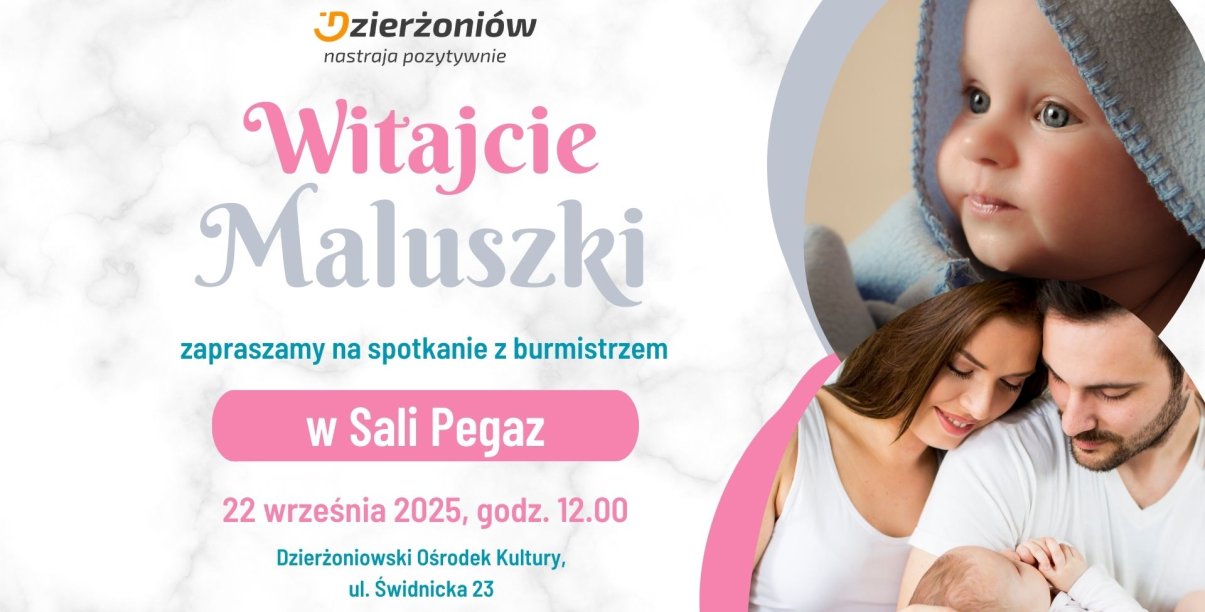 napis witajcie maluszki, zapraszamy na spotkanie z burmistrzem 22 wrzesnia 2025 godz. 12.00 zdjęcie dziecka i rodziców