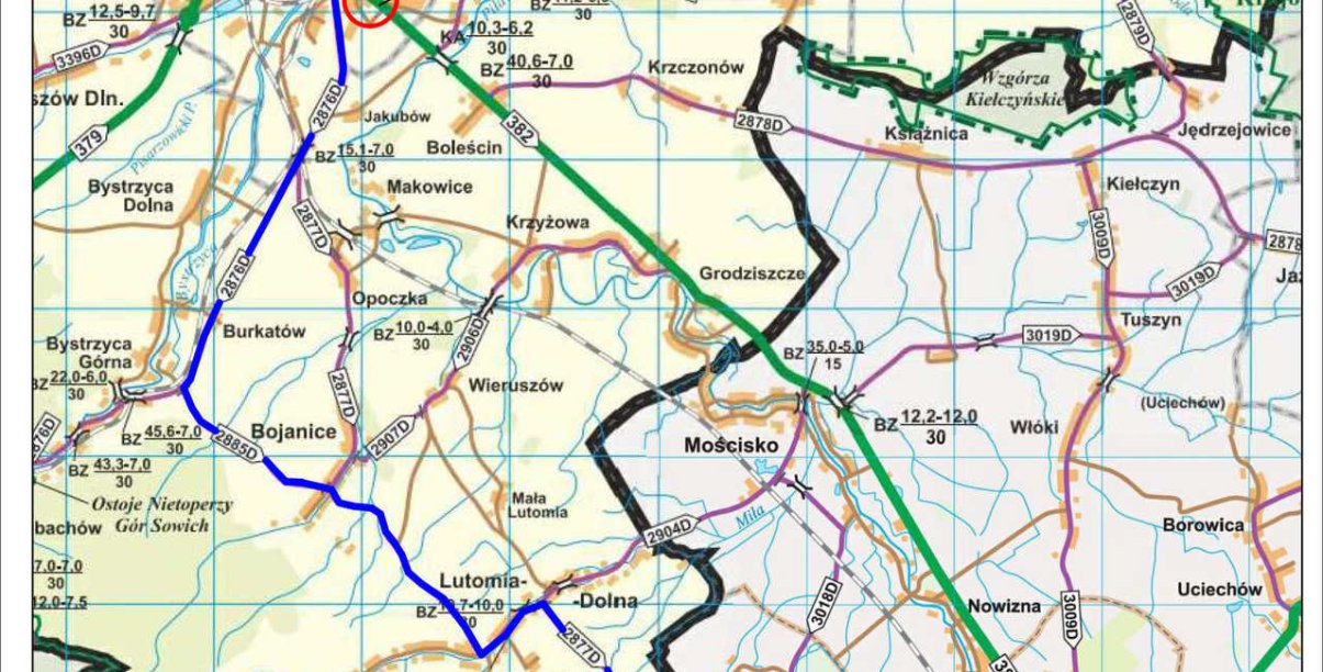 Mapa z zaznaczoną droga wojewódzką nr 382 i zakniętym odcinkiem przy wjeździe do Świdnicy