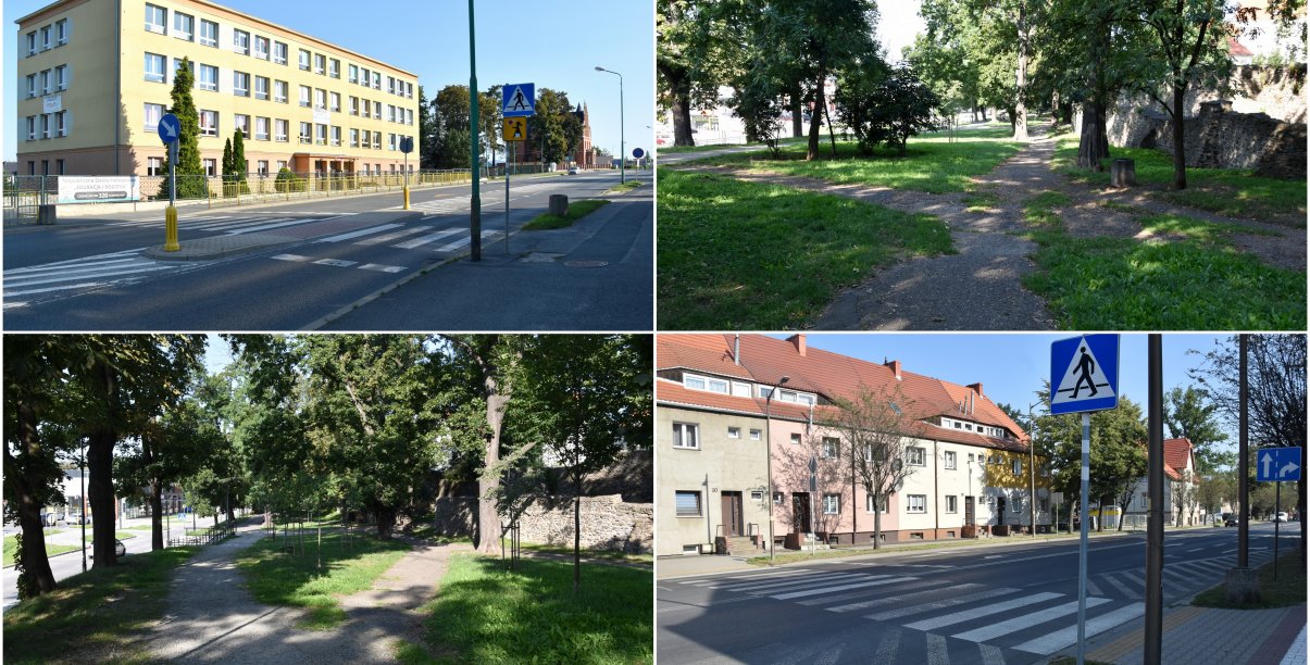 Kolaż czterech zdjęć, na dwóch prejścia dla pieszych, na dwóch pozostałych park i kamienne mury obronne