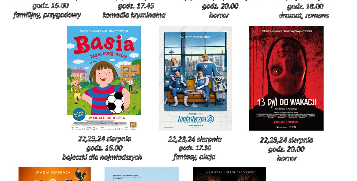 Kolaż plakatów z serpniowego repartuaru Kina Zbyszek w Dzierżoniowie