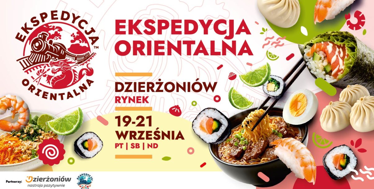 Grafika z napisem ekspedycja orientalna i zdjęciem potraw