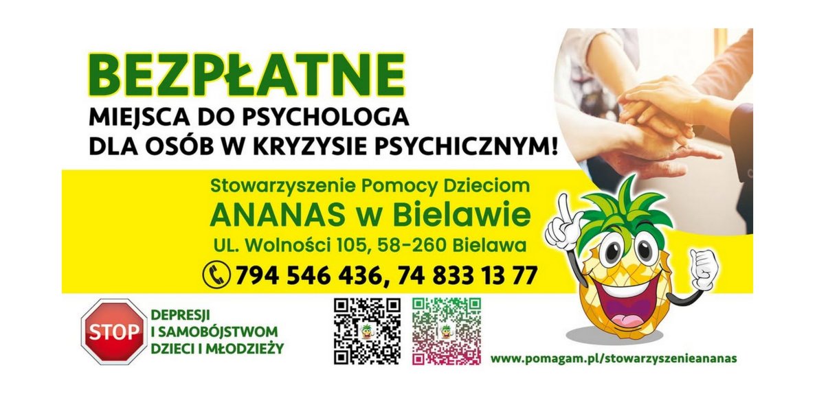 Grafika Stowarzyszenia Ananas z napisem "Bezpłatne miejsca do psychologa dla osób w kryzysie psychicznym"