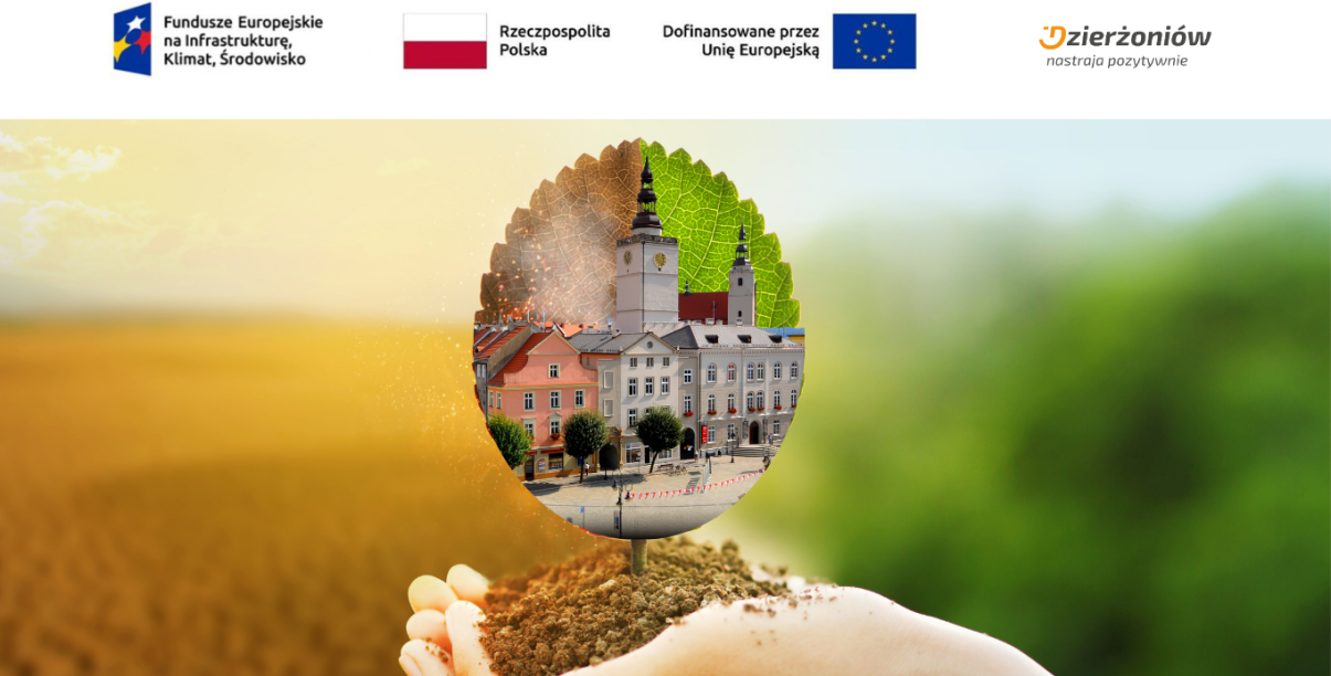 Grafika z dłonią trzymającą ziemię z wyrastającym liściem. Na liściu zdjęcie dzierżoniowskiego ratusza