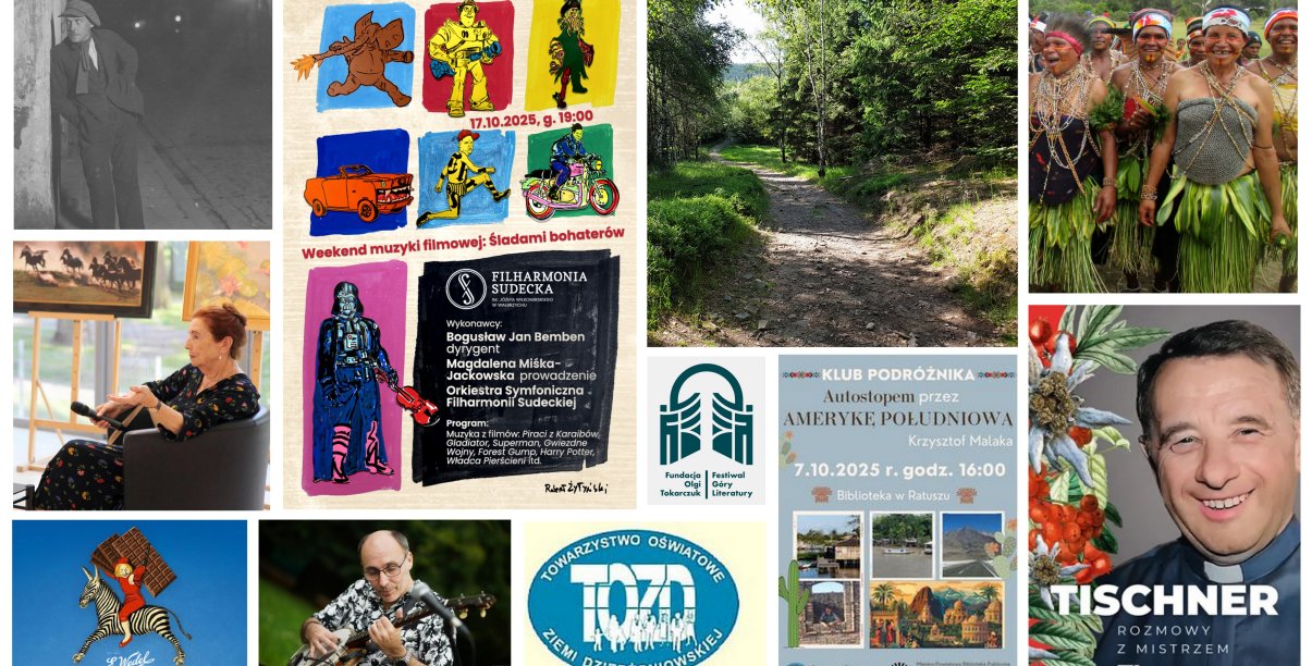 Kolaż zdjęć, plakatów i logotypów związanych z tematami październikowych spotkań Towarzystwa Oświatowego Ziemi Dzierżoniowskiej