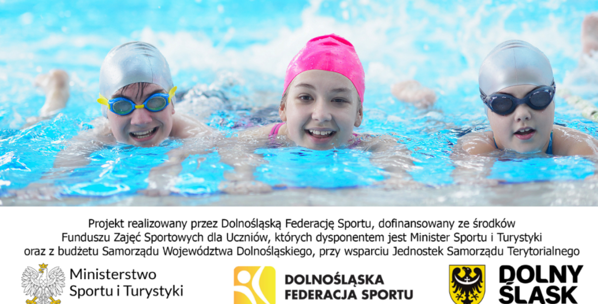 Zdjęcie z trójką dzieci w basenie trzymająca się krawędzi i machająca nogami oraz logotypami z programu ABC pływania