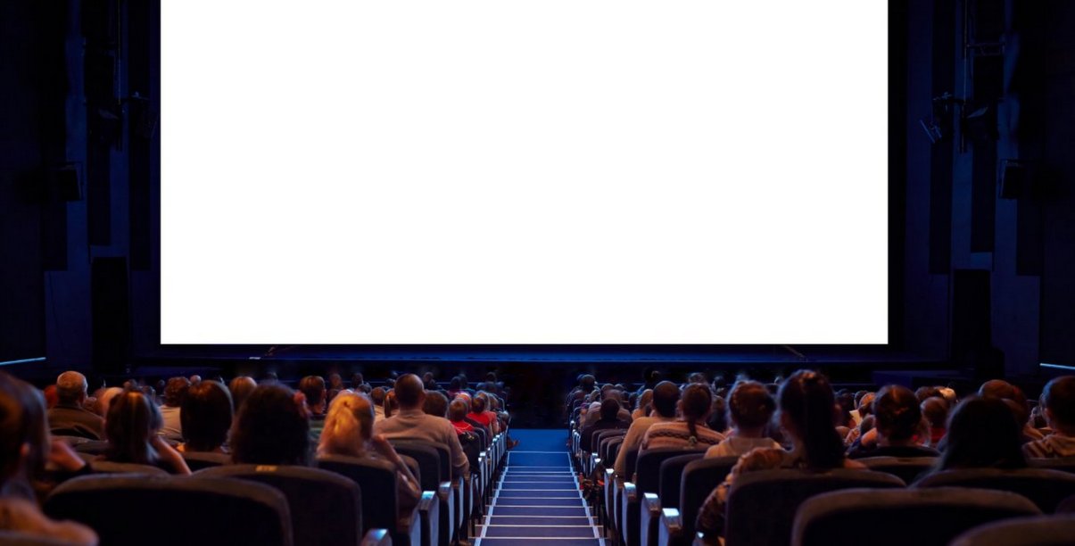 Sala kinowa, ludzie siedzący w fotelach przed pustym ekranem