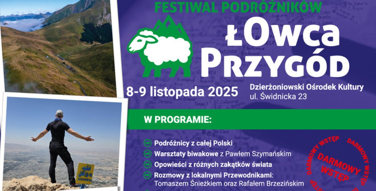 Grafika wycięta z plakatu festiwalu. Po lewej zdjęcia gór, po prawej część programu festiwalu