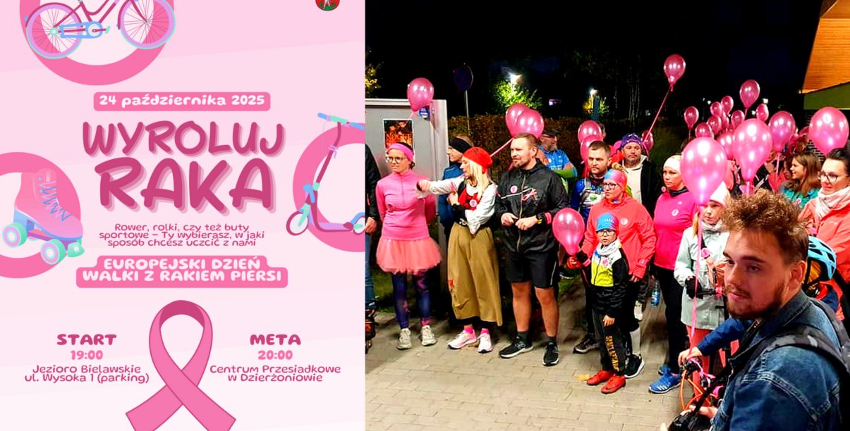 Kolaż z plakatem wydarzenia "Wyroluj raka" i zdjęciem ludzi przed startem ubiegłorocznej imprezy, wielu ma różowe elementy stroju lub różowe balony