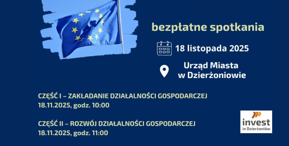 Spotkanie w dniu 18.11.2025 r. W tle flaga Unii Europejskiej, w prawym dolnym rogu logo Invest in Dzierżoniów