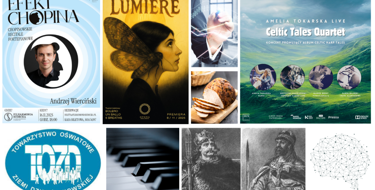 Kolaż zdjęć i plakatów dotyczących listopadowych wydarzeń w Towarzystwie Oświatowym Ziemi Dzierżoniowskiej