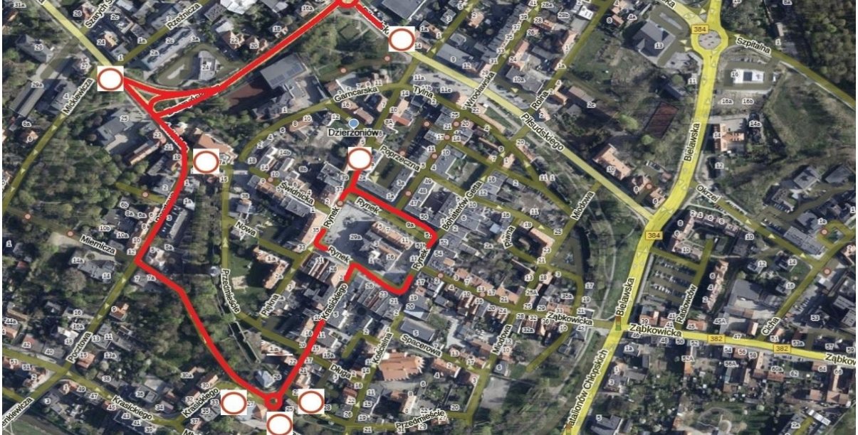 plan miastaDzierzoniowa z zaznaczonymi czerwonym kolorem ulicami, które będa wyłączone z ruchu w związku z Rajdem Wikinga 15 listopada