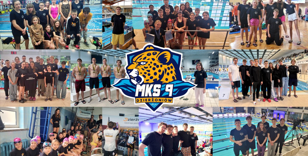 Kolaż zjęć dzierzoniowskich pływak,ów dokumentujący najważniejsze sukcesy sportowe w 2025 , na środku logo kluburoku MKS 9 Dzierżoniów