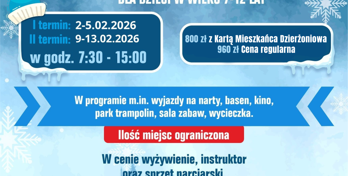 Plakat półkolonii z logotypem OSiR-u, zdjęciami dzieci w kinie, na basenie i na nartach oraz terminami zajęć