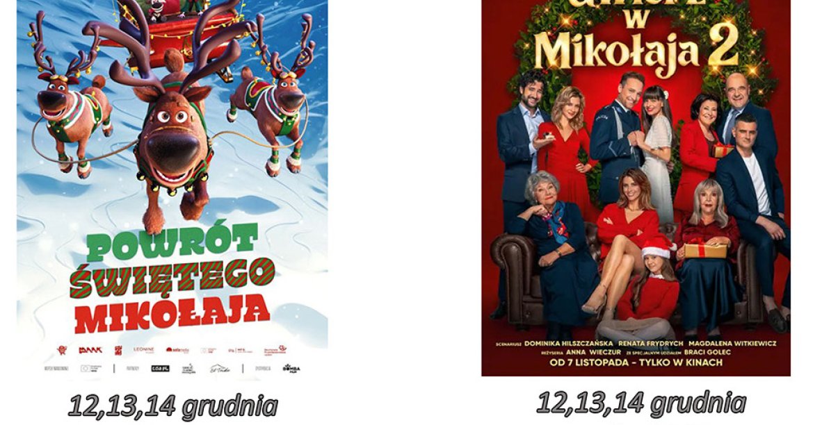 Kolaż plakatów z grudniowego repartuaru Kina Zbyszek w Dzierżoniowie