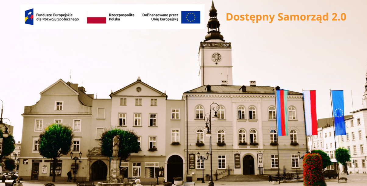 Fragment ratusza, na tle nieba logotypy fundyszy europejskich, flaga Polski, Unii Europejskiej, Napis Dostępny Samorząd 2.0