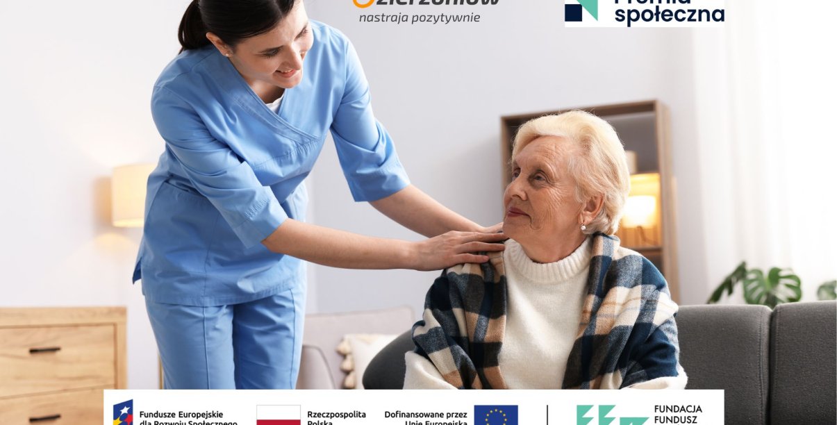 Opiekunka rozmawia z osobą starszą, logotypy Dzierżoniowa, premii społecznej oraz unii europejskiej i funduszy