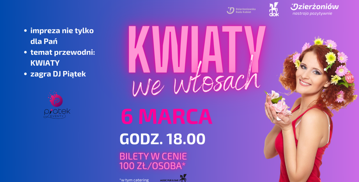 uśmiechnięta kobieta z kwiatami, npis kwiaty we włosach 6 marca