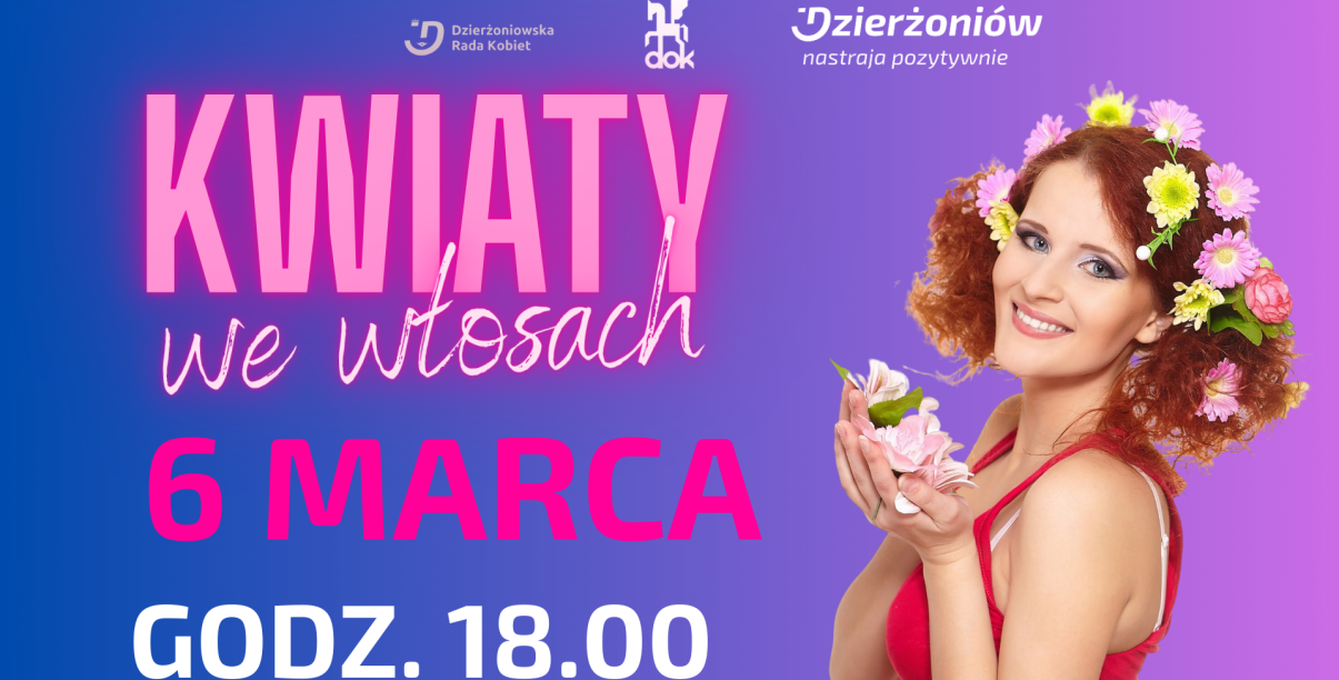 uśmiechnięta kobieta z kwiatami, npis kwiaty we włosach 6 marca