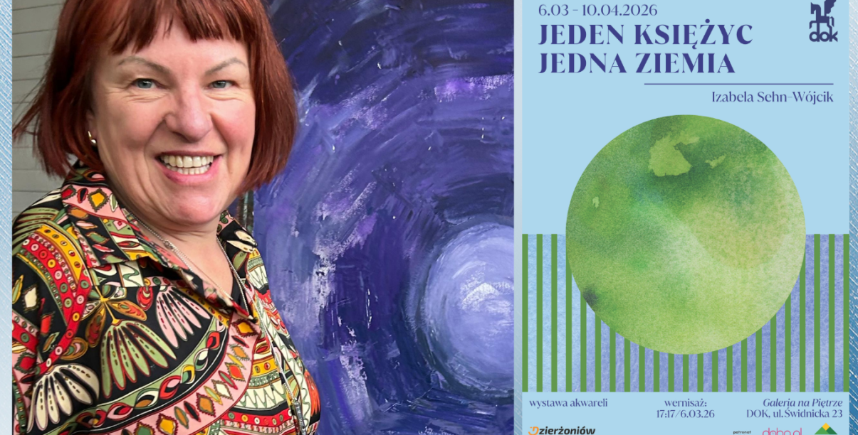 Kolaż zdjęcia autorki wystawy i plakatu z jabłkiem na pierwszym planie