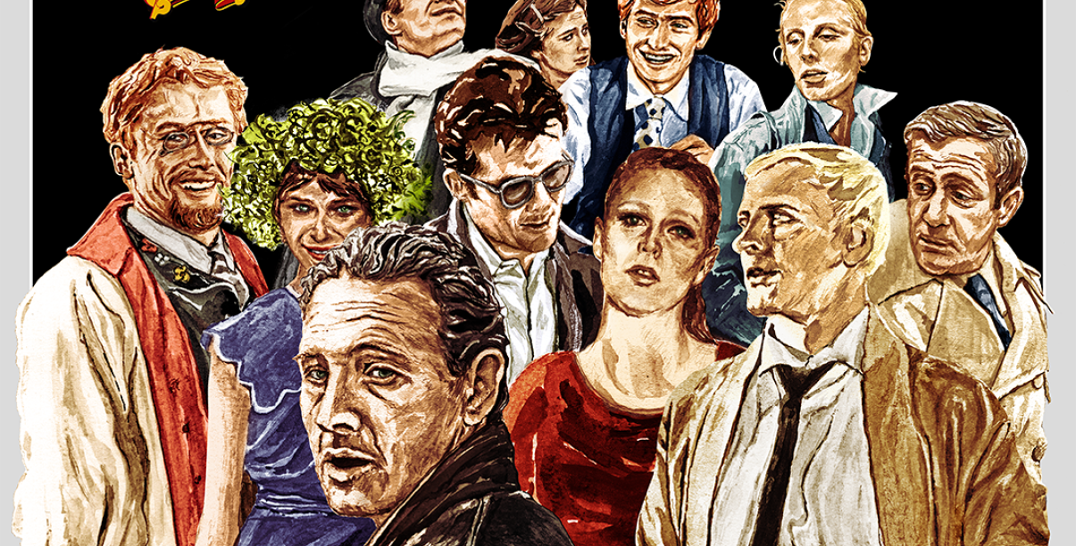 plakat rysunkowy z aktorami, którzy grali w dziełach Andrzeja Wajdy, m.in. ZBigniew Cybulski, Daniel Olbrychski