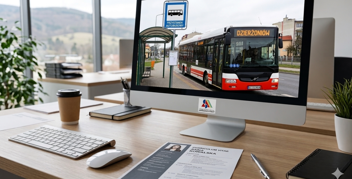 Zdjęcie biurka z CV i autobusem na monitorze komputera