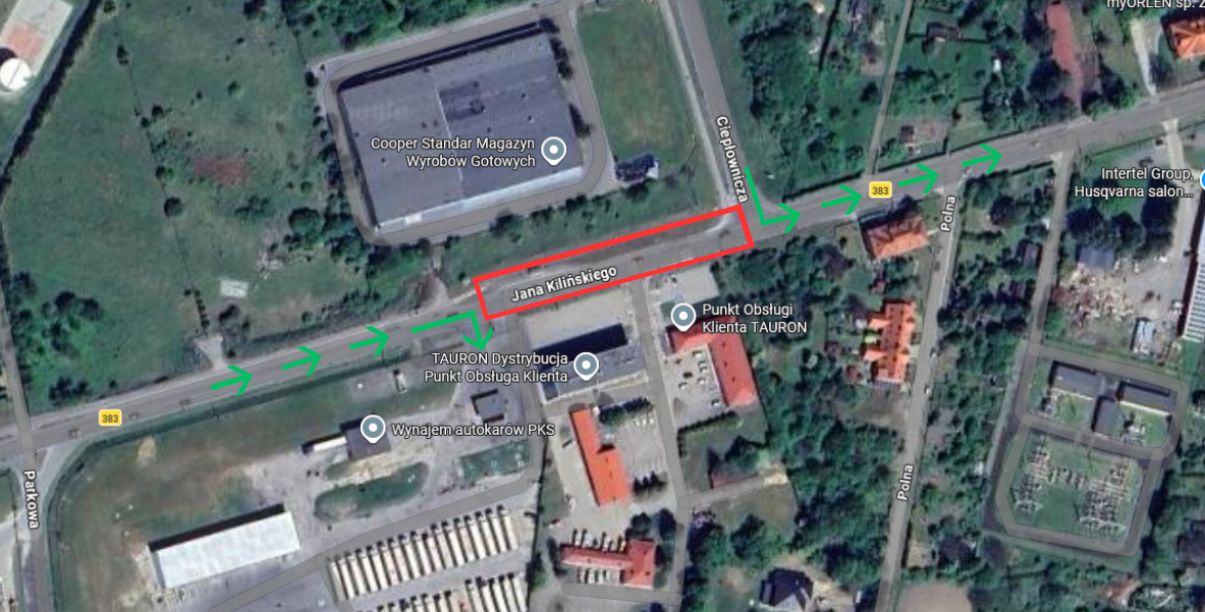 Widok mapy satelitarnej rejonu ul. Kilińskiego z zaznaczonymi możliwościami dojazdu