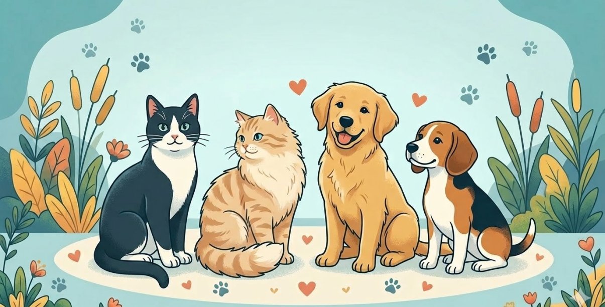 Rysunek dwóch psów i dwóch kotów