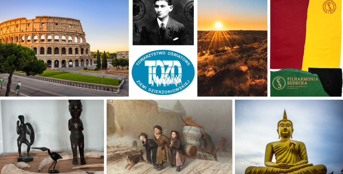 Kolaż zdjęć tematów marcowych spotkań Towarzystwa Oświatowego Ziemi Dzierżoniowskiej