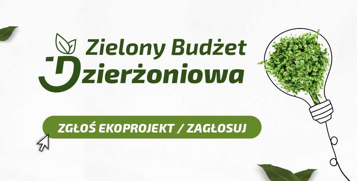 Plansza z napisem Zielony Budżet Dzierżoniowa 2026 i żarówką z roślinami w środku