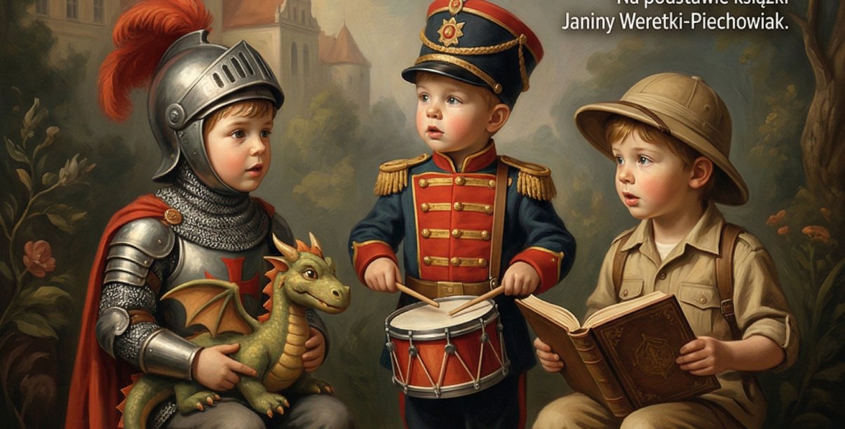 Trzech chłopców w strojach z różnych epok trzymających na kolanach książkę, bębenek i smoka