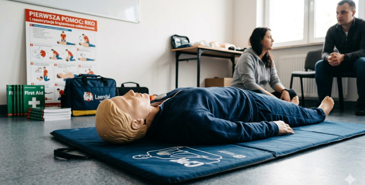 Manekin do nauki pierwszej pomocy leżący na podłodze w klasie, obok kobieta i meżczyzna