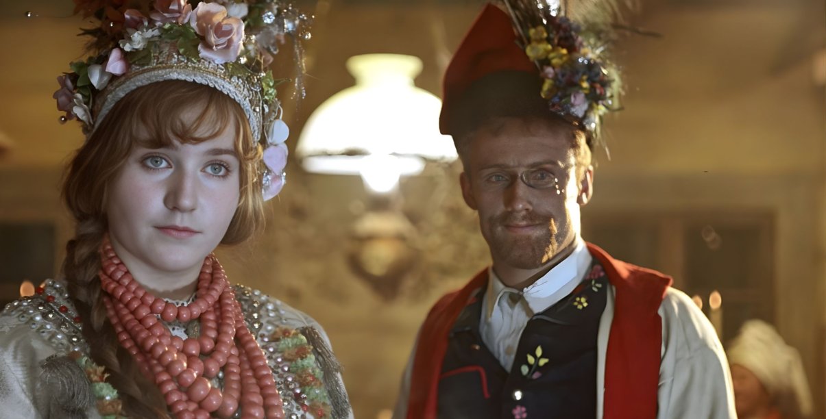 Kadr z filmu Wesele - kobieta i mężczyzna w ludowych strojach