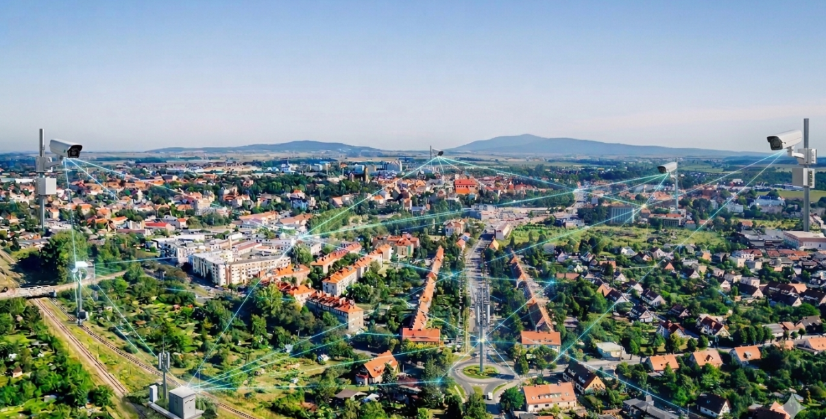 Dzierżoniów z lotu ptaka, na zdjęcie naniesione 4 kamery do monitoringu