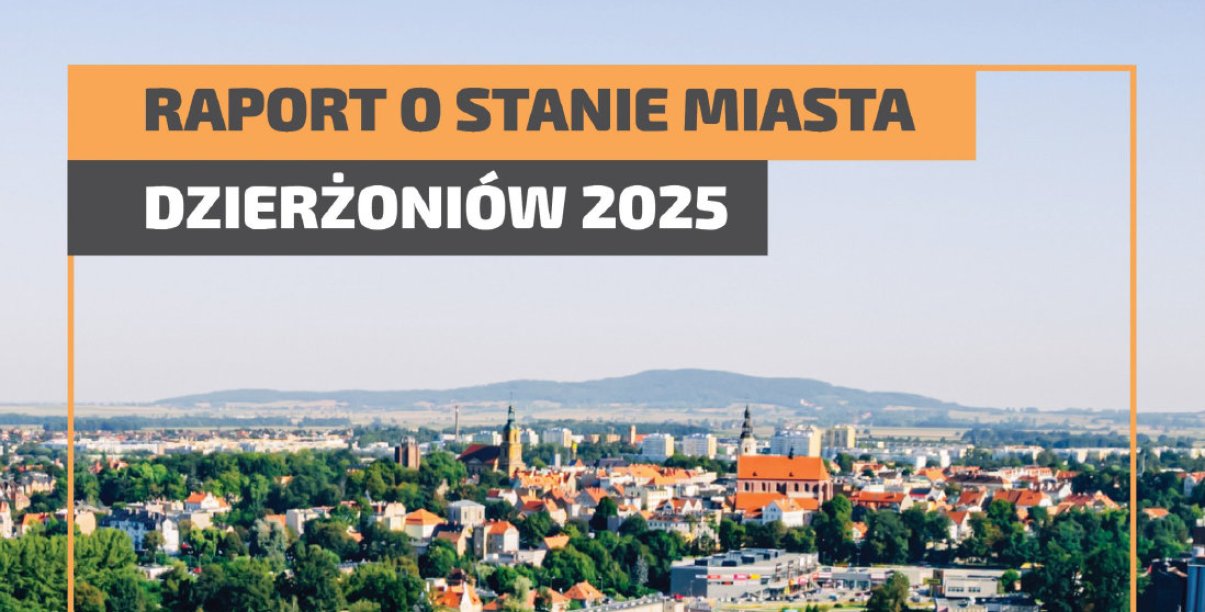 Napis Raport o stanie miasta nałozony na zdjęcie Dzierżoniowa z lotu ptaka